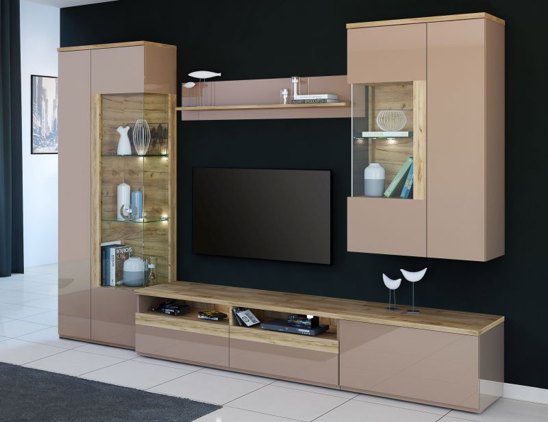 Wohnwand Toskana Hochglanz Hellbraun HG/Eiche Nachbildung 5-Teilig